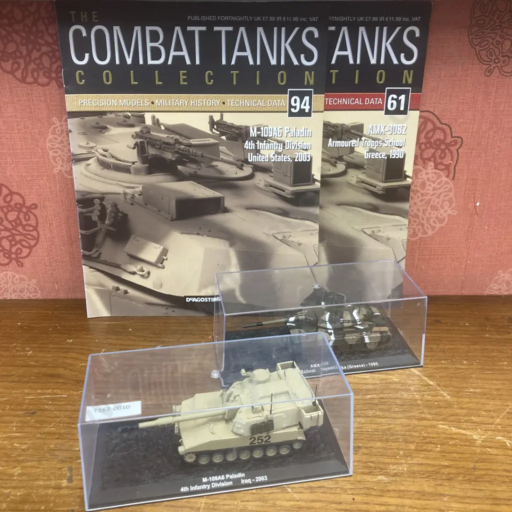 Encased Combat Tanks AMX-30B2 & M-109A6 Paladin with Numbered Publication Magazines Image 1++