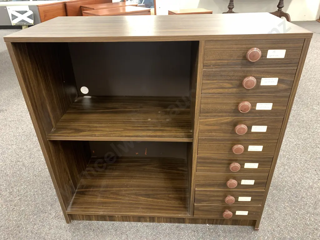 Brown Veneer Office Shelf / Drawer Unit With Brown Knob Handles, 9 Drawers, H86.5 EW89 D41cm Image 1++