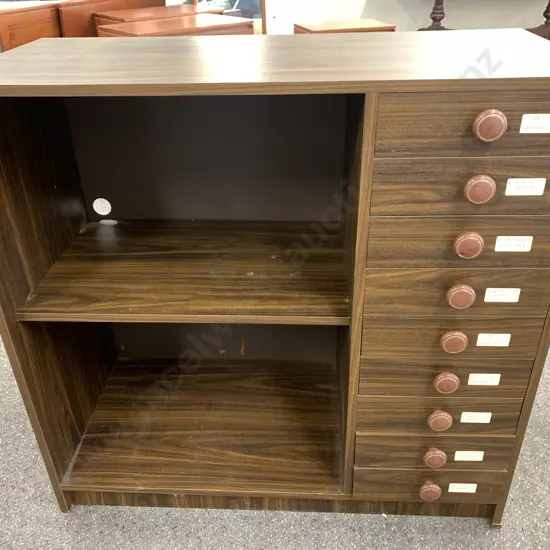 Brown Veneer Office Shelf / Drawer Unit With Brown Knob Handles, 9 Drawers, H86.5 EW89 D41cm