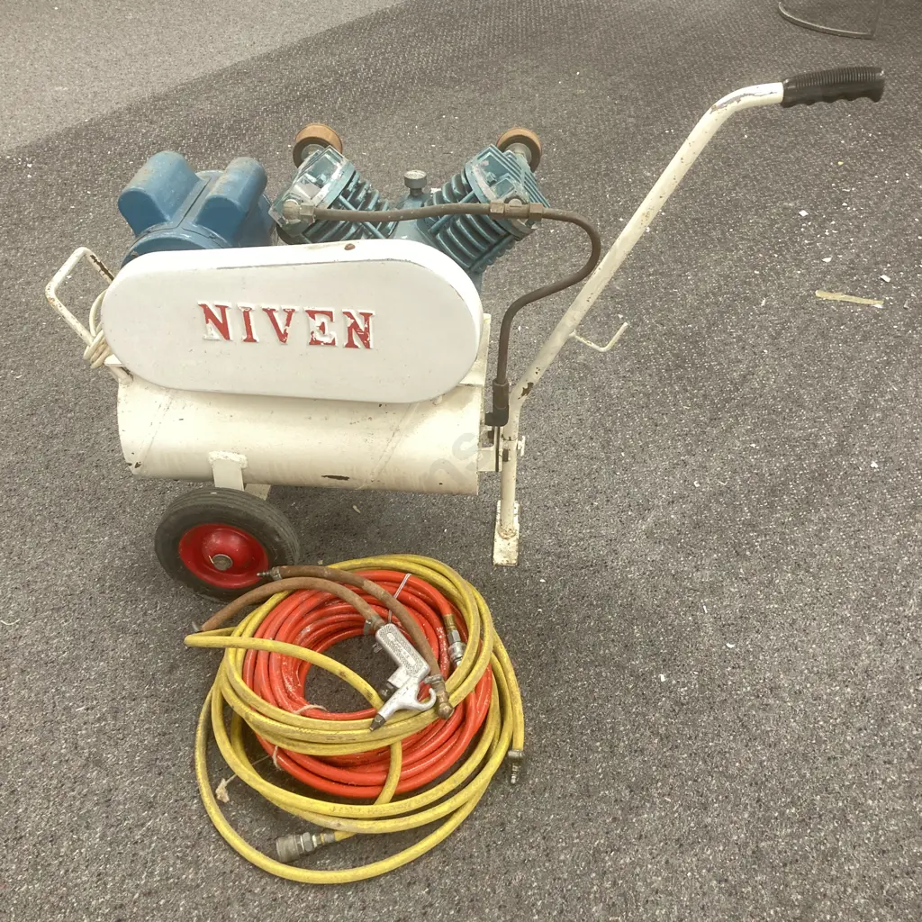 Classic New Zealand Made NIVEN Handyman Compressor With Hoses, Dust Gun & Tyre Inflator, 20 Psi Image 1++