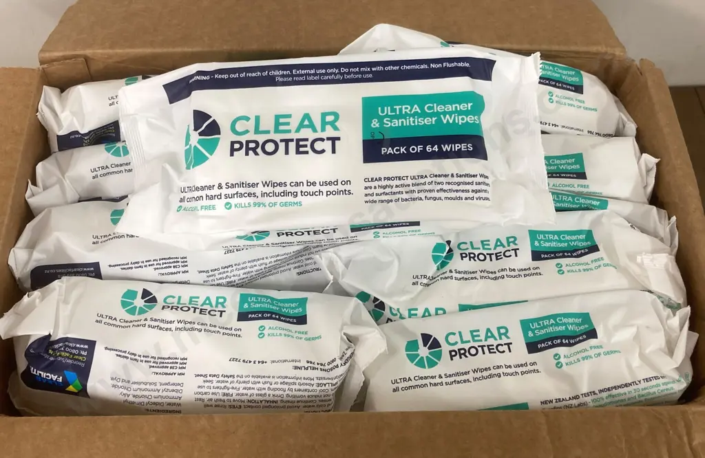 Clear Protect Ultra Cleaner & Sanitiser Surface Wipes, Box of 20 Packs of 64 Wipes Image 1++