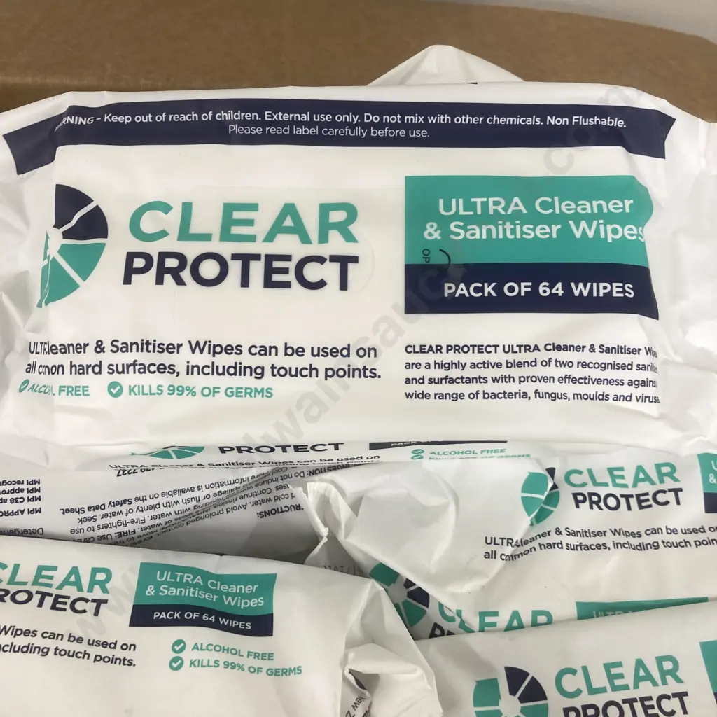 Clear Protect Ultra Cleaner & Sanitiser Surface Wipes, Box of 20 Packs of 64 Wipes Image 1++