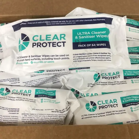 Clear Protect Ultra Cleaner & Sanitiser Surface Wipes, Box of 20 Packs of 64 Wipes