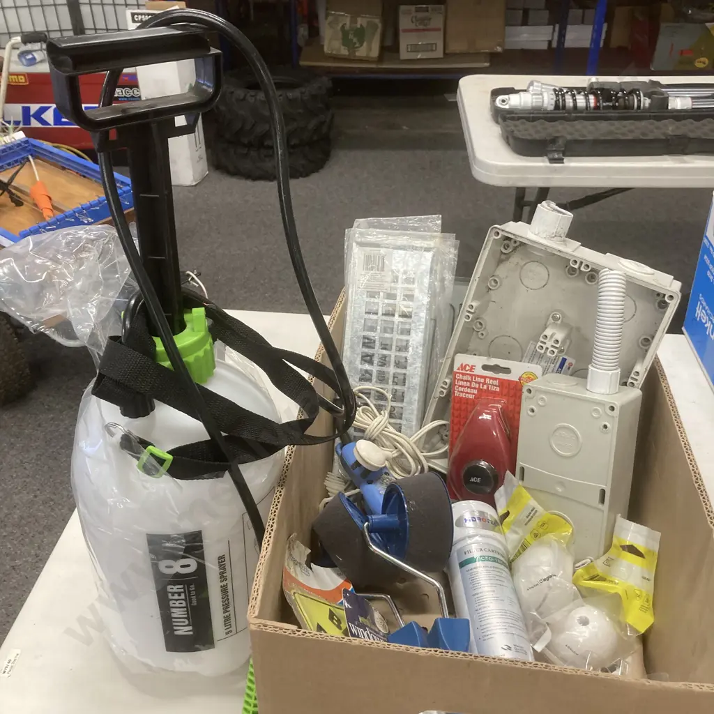 Box Lot No8 Sprayer, Electrical Sundries, Edge Rollers, Filter Cartridge Etc Image 1++
