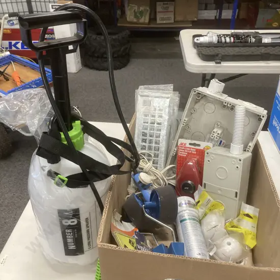 Box Lot No8 Sprayer, Electrical Sundries, Edge Rollers, Filter Cartridge Etc