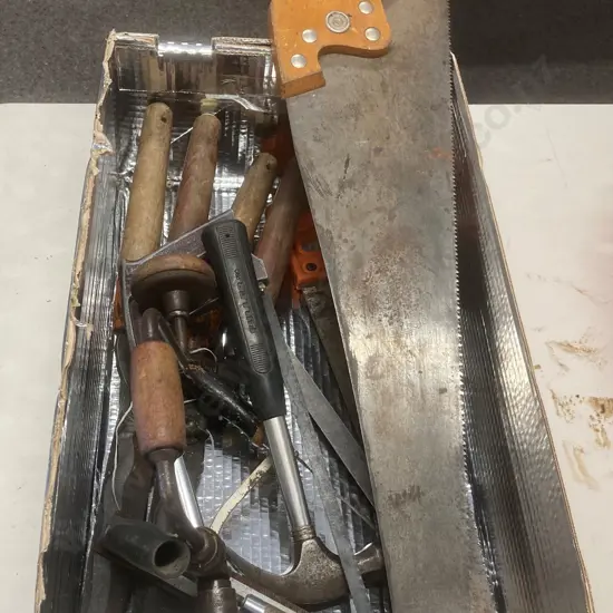 Box Lot of Vintage Tools, Disston & Bahco Saws, Stanley Hacksaws Etc