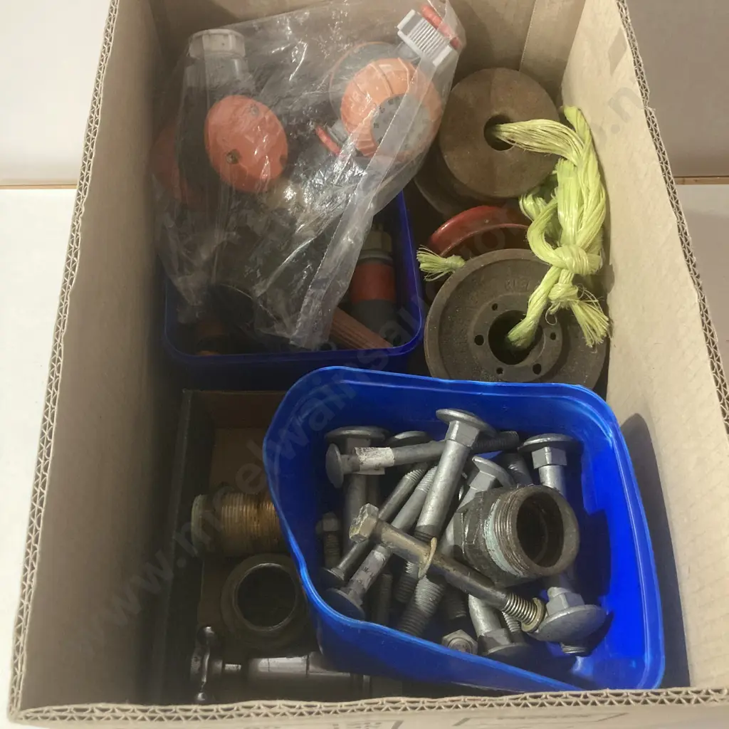 Box Lot of Pulleys, Bolts, Tapware, Garden Hose Timers Etc Image 1++