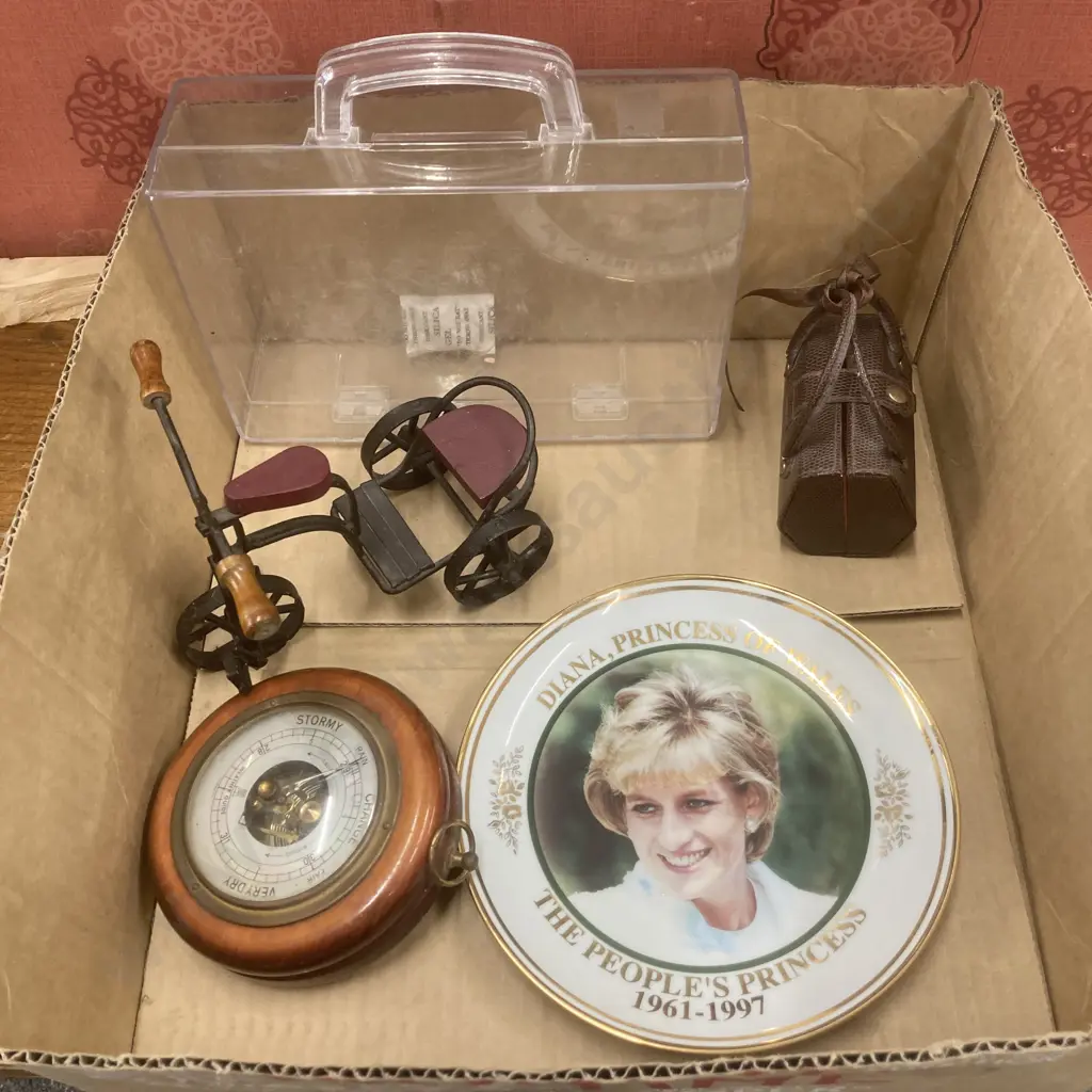 Lot of Clear Perspex Case, Diana Plate, Small Vintage Bag, Steel Trike Ornament & Circular Wooden Cased Barometer Image 1++