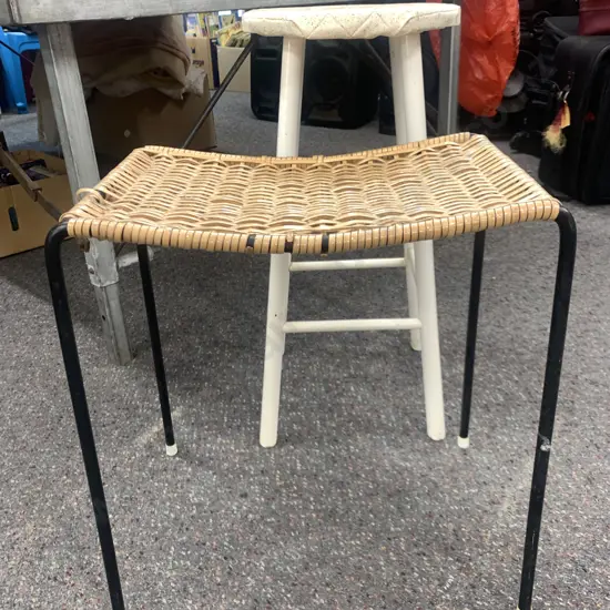 Vintage Stools x 2, White & Retro Cane, H60 & 48cm