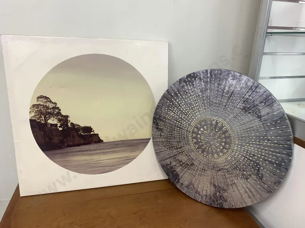 Pictures on Canvas - Circular Silver With Gold Detail & Beach Cliff Scene Image 1++