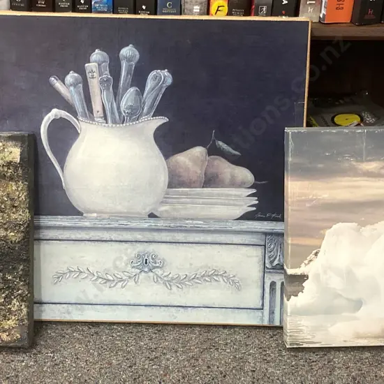 Selection Of Pictures On Canvas Including Jug, Cutlery Scene Etc