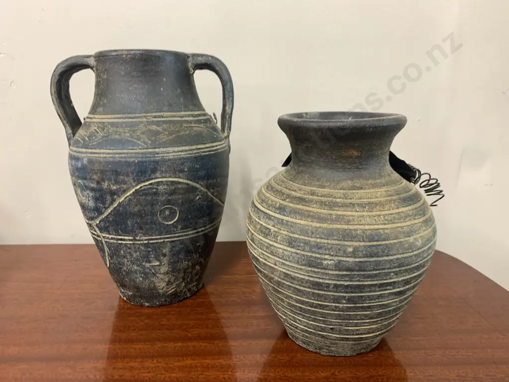 Pottery Vases x 2 With Decorative Metal Flowers, H20 & 27cm Image 1++