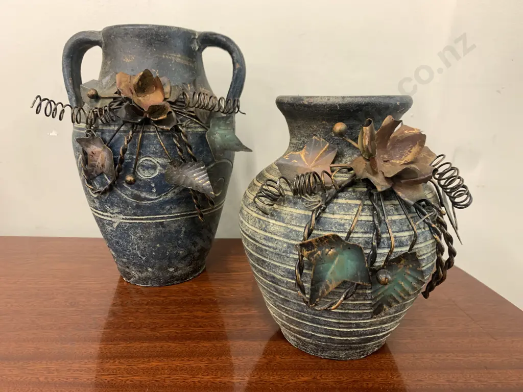 Pottery Vases x 2 With Decorative Metal Flowers, H20 & 27cm Image 1++