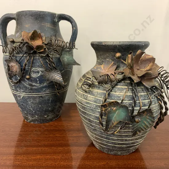 Pottery Vases x 2 With Decorative Metal Flowers, H20 & 27cm