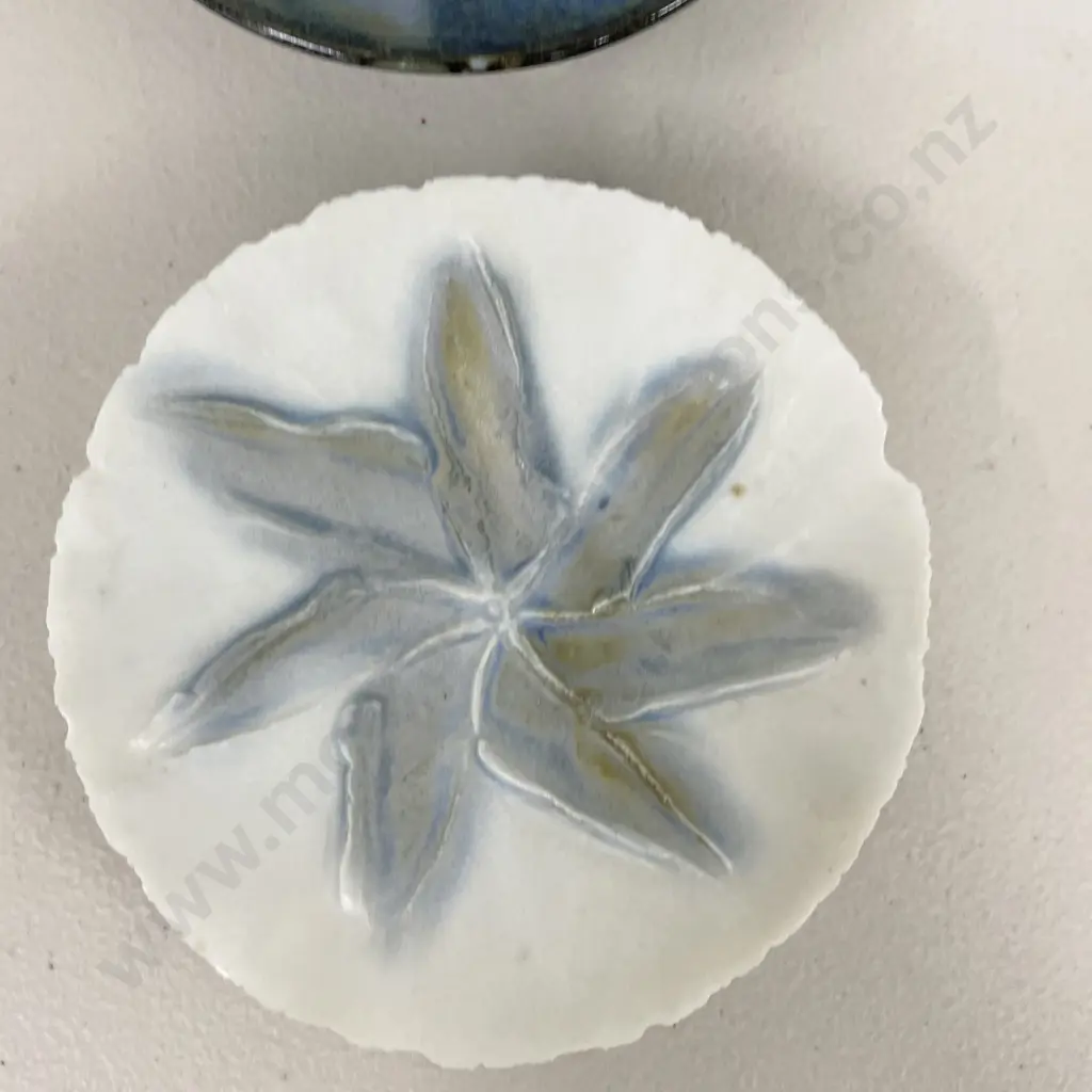 Two Art Pottery Items: David Brokenshire Memory Flower Dish with Blue drizzle glazed Hat bowl Image 1++