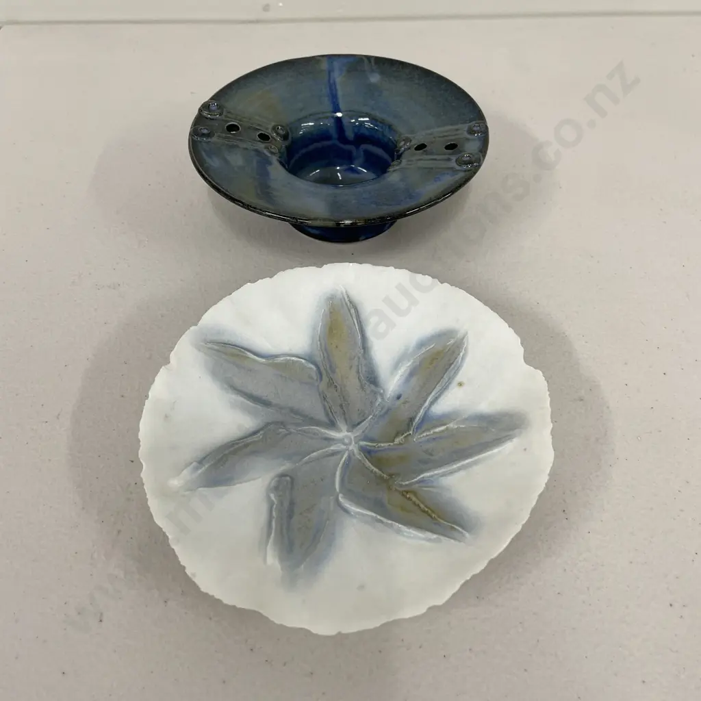 Two Art Pottery Items: David Brokenshire Memory Flower Dish with Blue drizzle glazed Hat bowl Image 1++