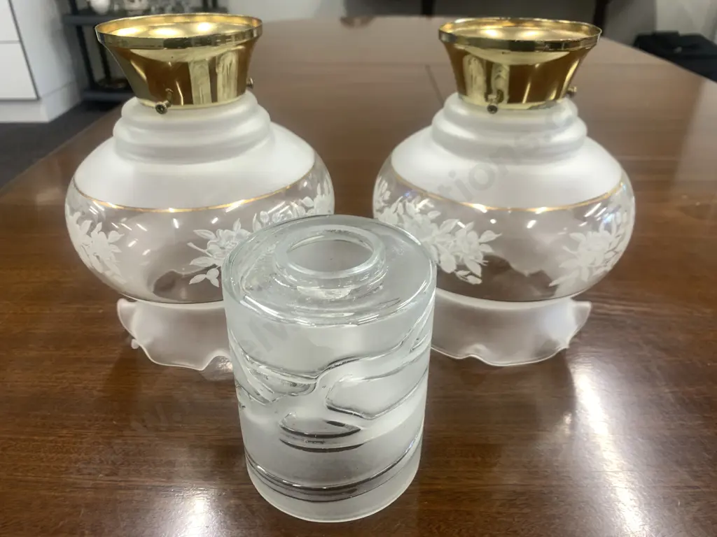 Vintage Light Shades x 3, Glass With  Brass Detail Coloured / Frosted Image 1++