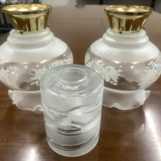 Vintage Light Shades x 3, Glass With  Brass Detail Coloured / Frosted