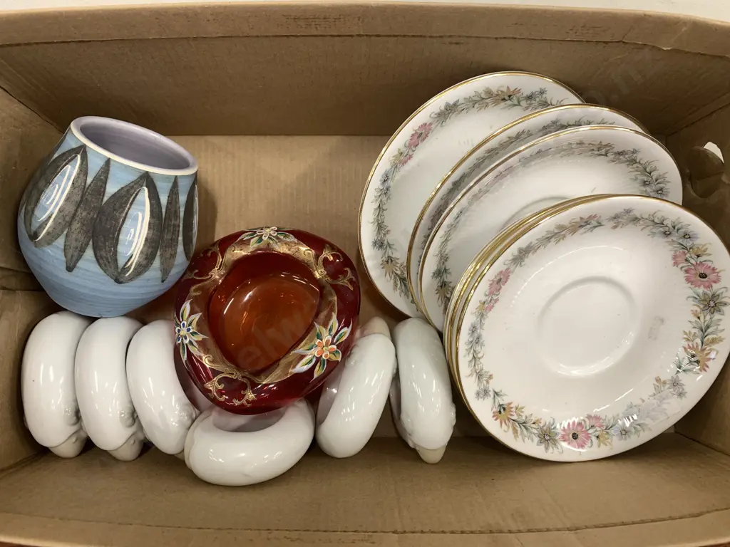 Paragon Saucers, Wimborne Pottery Vase, Candy Dish And Sheep Napkin Rings Image 1++