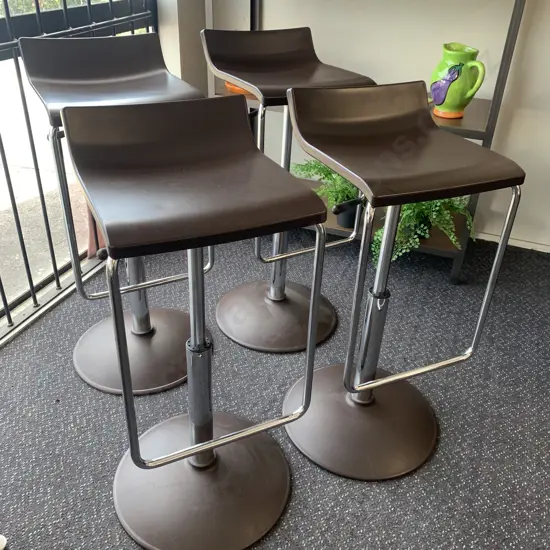 Set of 4 Italian Gaber Micro A Bar Stools Brown Techno Polymer Seat, Chromed Frame And Combined Base. Adjustable Swivel