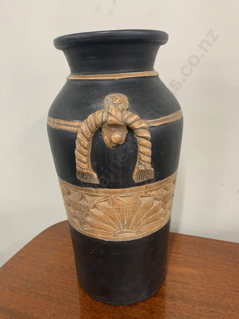 Vintage Black & Brown Pottery Floor Vase With Carved Detail & Rope Effect, 45 x 24cm Image 1++