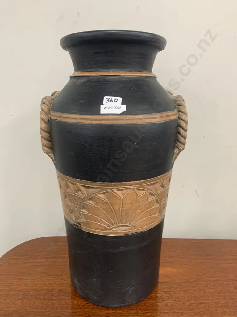 Vintage Black & Brown Pottery Floor Vase With Carved Detail & Rope Effect, 45 x 24cm Image 1++