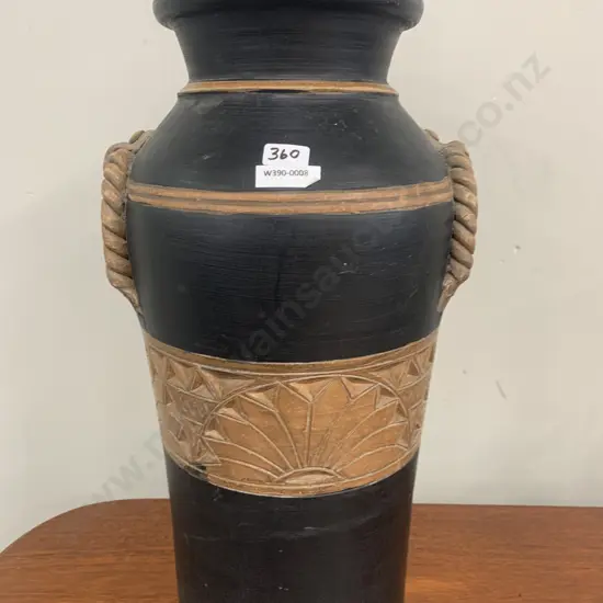 Vintage Black & Brown Pottery Floor Vase With Carved Detail & Rope Effect, 45 x 24cm
