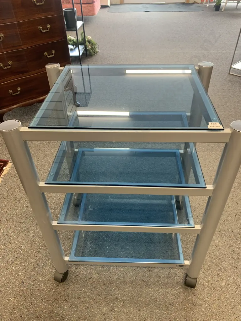 Sound Creations Sonata Audio Rack-SONTV3D On Castors, 4 Blue Glass Shelves, H77 W59.5 D44.5cm Image 1++