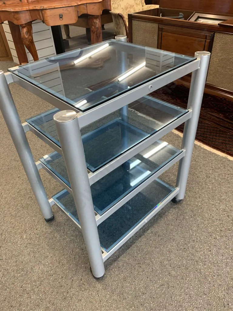 Sound Creations Sonata Audio Rack-SONTV3D On Castors, 4 Blue Glass Shelves, H77 W59.5 D44.5cm Image 1++