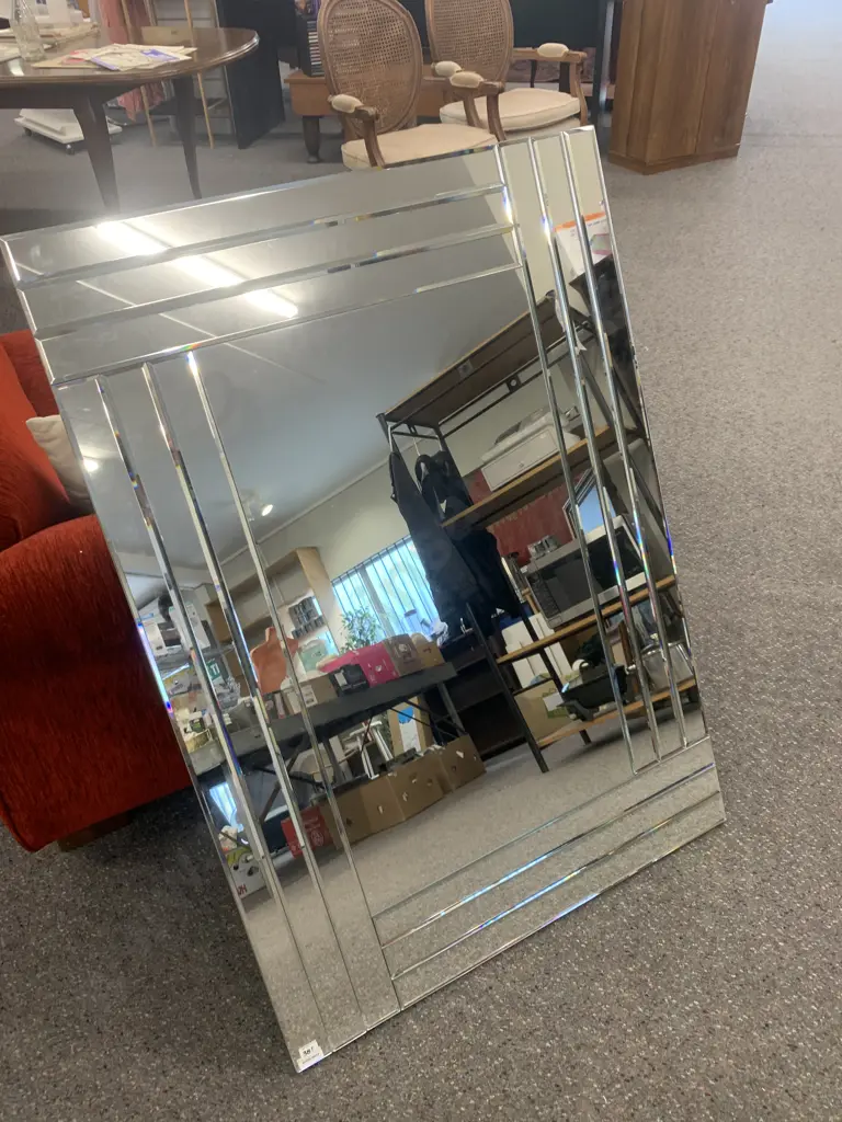 Modernist Mirror With Bevelled Mirrored Frame, 105 x 74cm (2-Way) One Corner As Found Image 1++