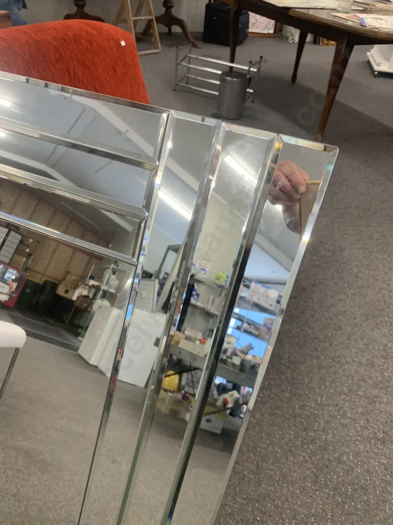 Modernist Mirror With Bevelled Mirrored Frame, 105 x 74cm (2-Way) One Corner As Found Image 1++