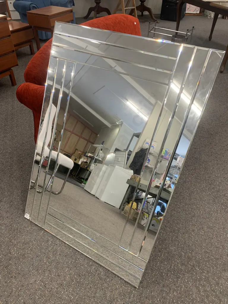 Modernist Mirror With Bevelled Mirrored Frame, 105 x 74cm (2-Way) One Corner As Found Image 1++