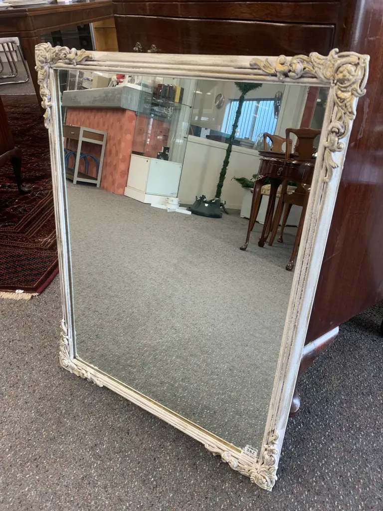Vintage White & Gilt Framed Mirror With Ornate Detail At Corners, 73 x 58cm Image 1++