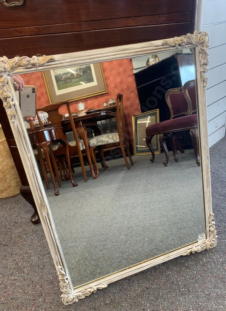 Vintage White & Gilt Framed Mirror With Ornate Detail At Corners, 73 x 58cm Image 1++