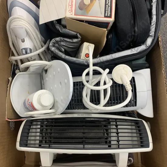 Box Lot Heaters, Iron, Electric Knife, Chilly Bag, Etc