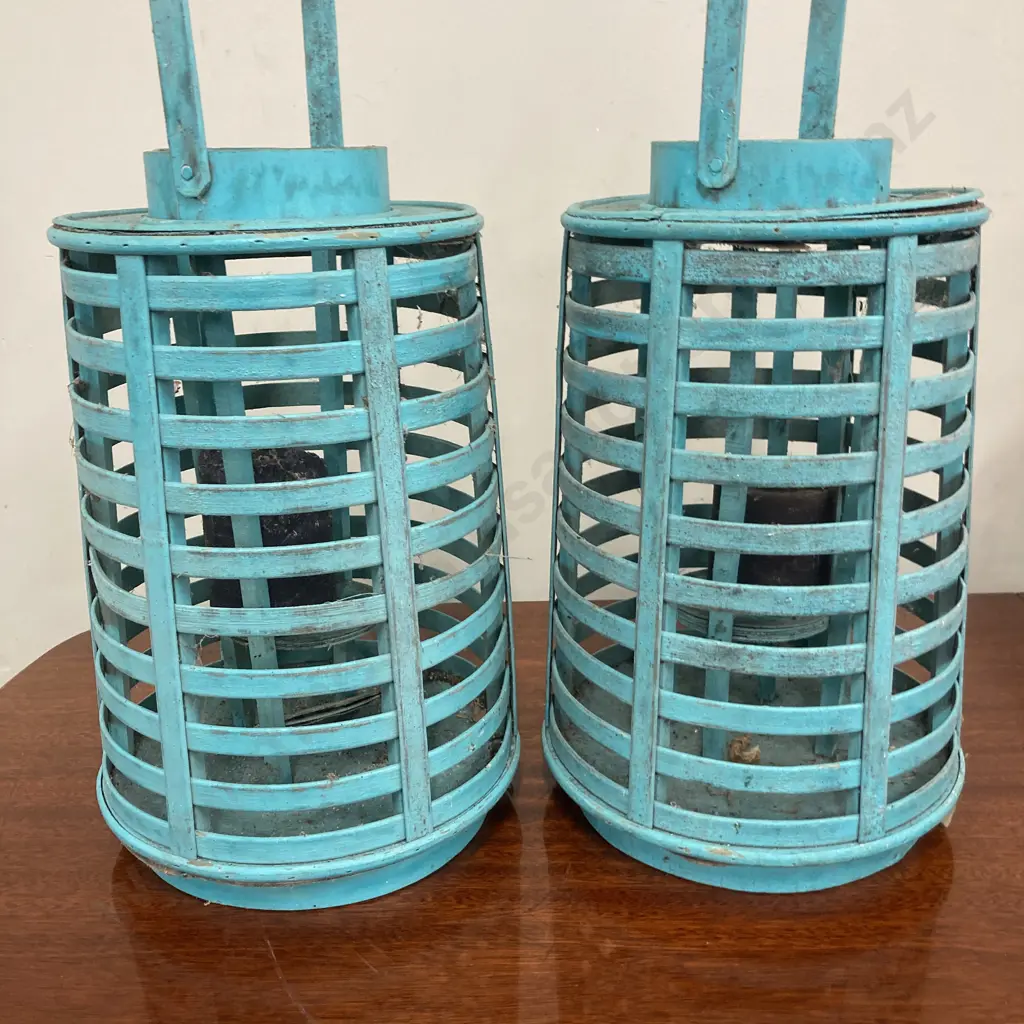 Pair of Pale Blue Wooden Candle Holders With Candles (Vintage Condition), 49 x 23cm Image 1++
