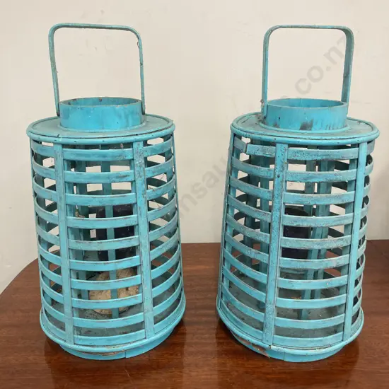 Pair of Pale Blue Wooden Candle Holders With Candles (Vintage Condition), 49 x 23cm