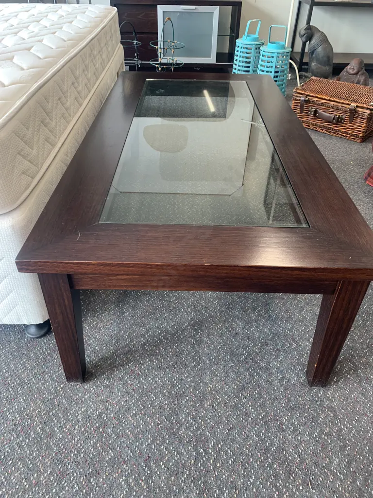 Modern Dark Stain Wooden / Glass Coffee Table, H42 W140 D70cm Image 1++