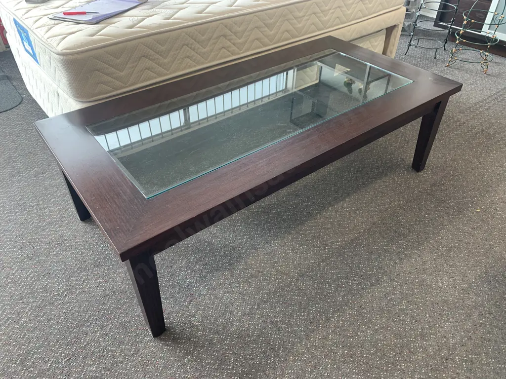 Modern Dark Stain Wooden / Glass Coffee Table, H42 W140 D70cm Image 1++