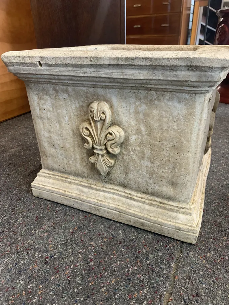 Concrete Square Cream Planter With Ornate Detail, H28 W36 D 36cm Image 1++