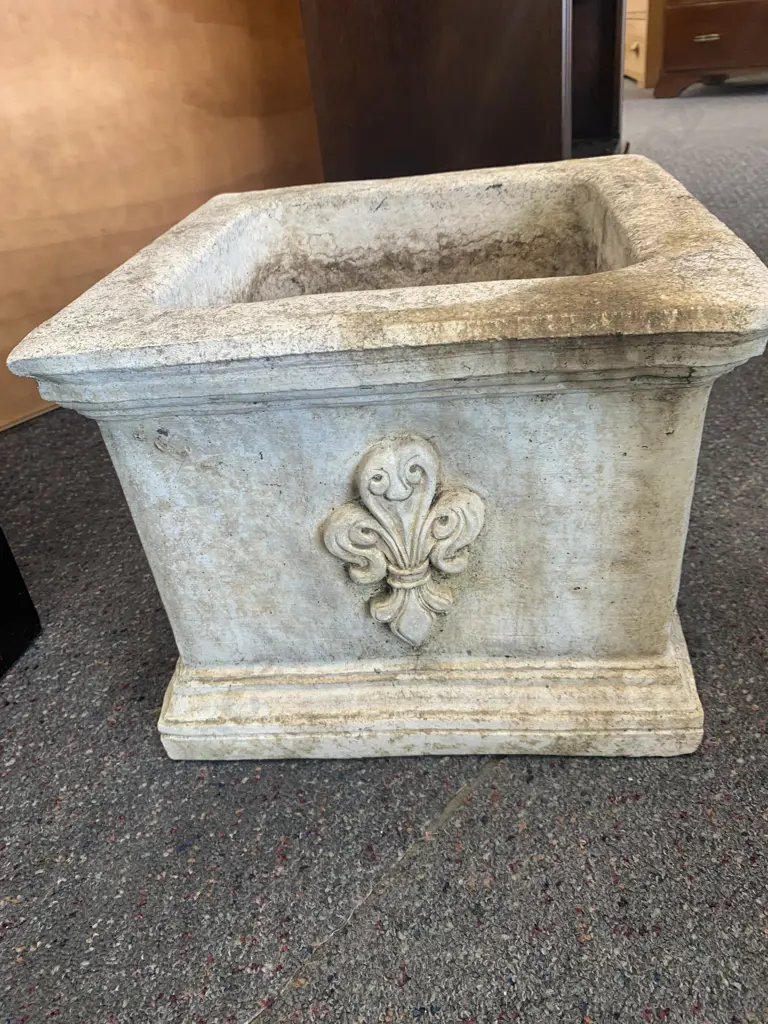 Concrete Square Cream Planter With Ornate Detail, H28 W36 D 36cm Image 1++