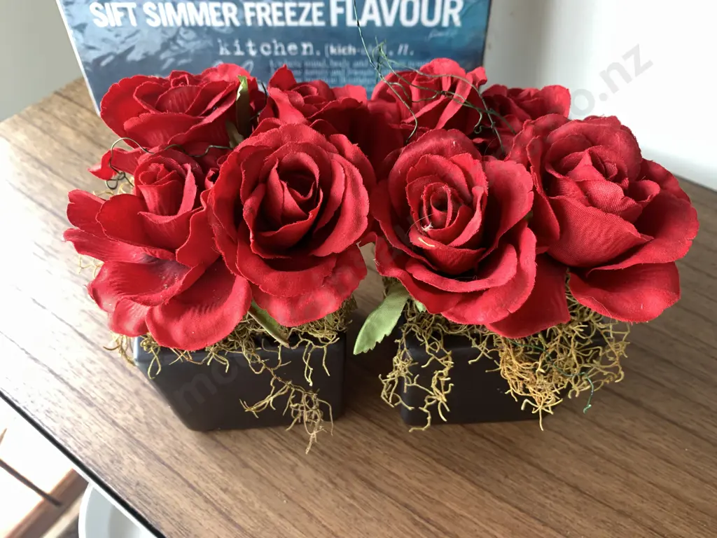 Pair of Faux Red Roses in Black Pots, H20cm Image 1++
