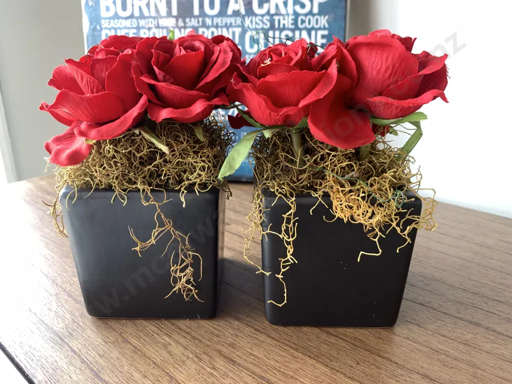 Pair of Faux Red Roses in Black Pots, H20cm Image 1++