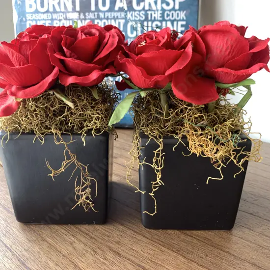 Pair of Faux Red Roses in Black Pots, H20cm