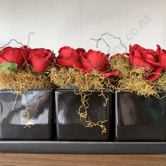 Faux Red Roses, 4 Roses Per Pot, 3 Pots in Ceramic Tray, H20cm