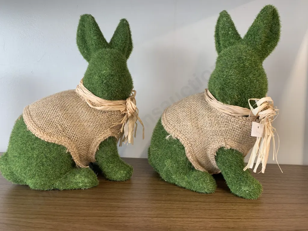 Pair of Artificial Moss Bunnies With Sacking Bows & Vests, 28 x 20cm Image 1++