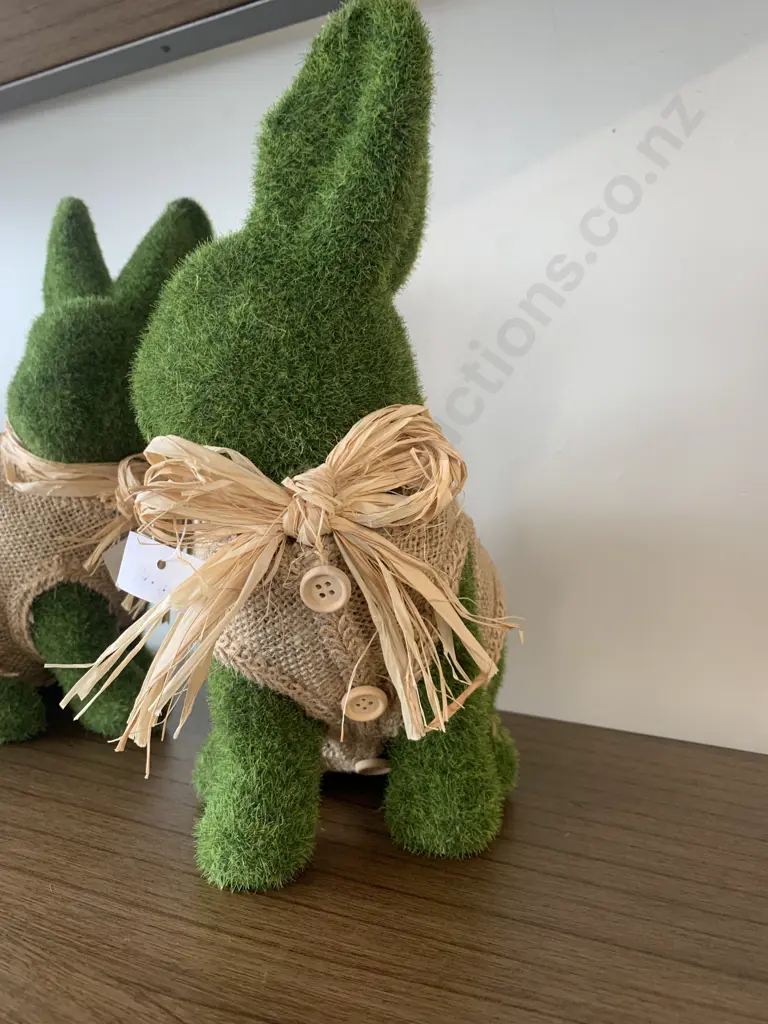 Pair of Artificial Moss Bunnies With Sacking Bows & Vests, 28 x 20cm Image 1++