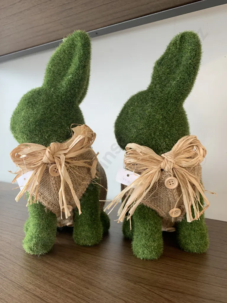 Pair of Artificial Moss Bunnies With Sacking Bows & Vests, 28 x 20cm Image 1++