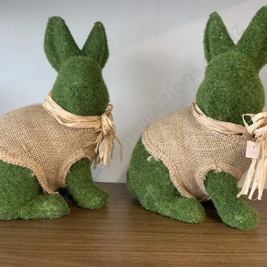 Pair of Artificial Moss Bunnies With Sacking Bows & Vests, 28 x 20cm
