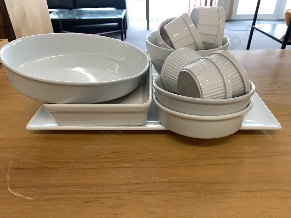 Large Assortment of White Platters, Baking Dishes, Bowls Etc Image 1++